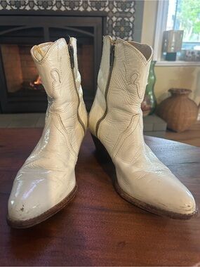 Free People Cream Patent Leather Ankle Cowboy Booties with Side Zipper
